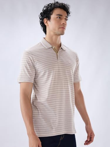 Raymond Men Regular Fit Stripe Pattern Pure Cotton Polo Neck Half Sleeve Straight Hem Casual T-Shirt Medium Fawn