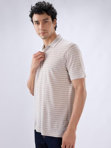 Raymond Men Regular Fit Stripe Pattern Pure Cotton Polo Neck Half Sleeve Straight Hem Casual T-Shirt Medium Fawn