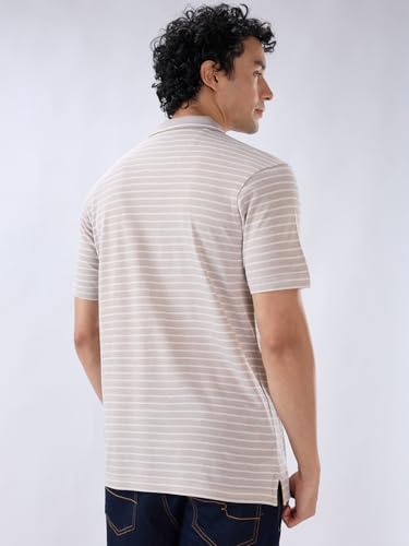 Raymond Men Regular Fit Stripe Pattern Pure Cotton Polo Neck Half Sleeve Straight Hem Casual T-Shirt Medium Fawn