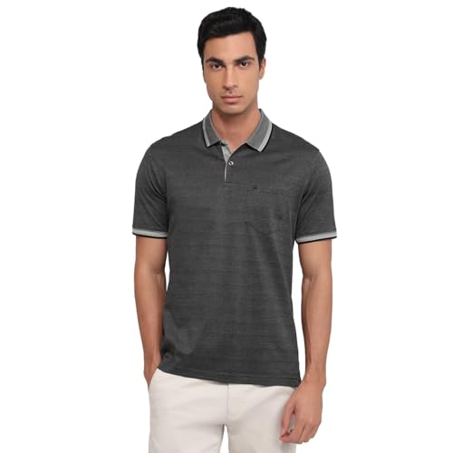 Raymond Men Regular Fit Structure Pattern Pure Cotton Half Sleeve Polo Neck Casual T-Shirt Dark Grey