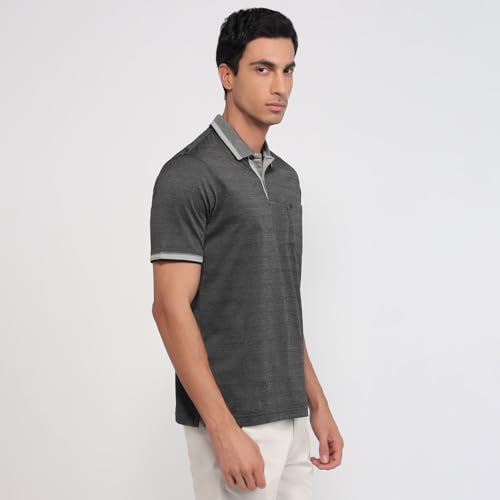Raymond Men Regular Fit Structure Pattern Pure Cotton Half Sleeve Polo Neck Casual T-Shirt Dark Grey