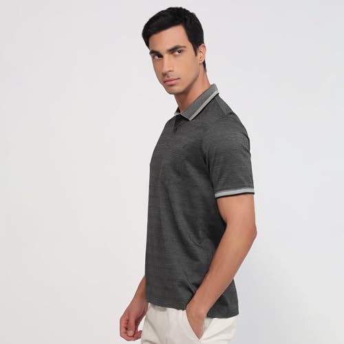 Raymond Men Regular Fit Structure Pattern Pure Cotton Half Sleeve Polo Neck Casual T-Shirt Dark Grey