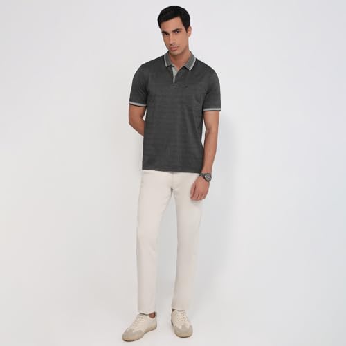 Raymond Men Regular Fit Structure Pattern Pure Cotton Half Sleeve Polo Neck Casual T-Shirt Dark Grey