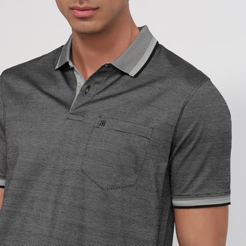Raymond Men Regular Fit Structure Pattern Pure Cotton Half Sleeve Polo Neck Casual T-Shirt Dark Grey