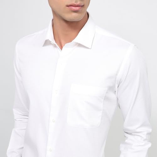 Raymond men's white regular fit formal shirt with structure pattern, full sleeves, semicutaway collar, made of pure cotton.