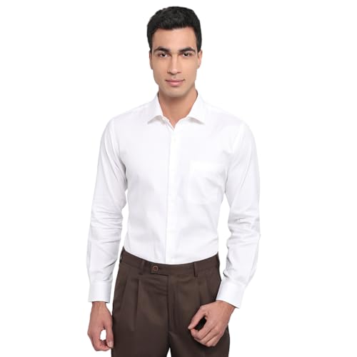 Raymond men's white regular fit formal shirt with structure pattern, semicutaway collar, full sleeves, made of pure cotton.