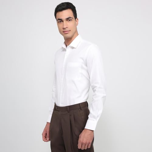 Raymond men’s white regular fit cotton formal shirt with structure pattern, semicutaway collar, full sleeves, and classic design.