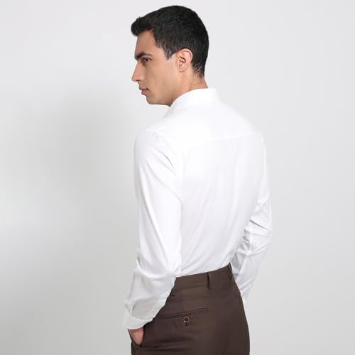 Raymond men's white regular fit formal shirt with structure pattern, semicutaway collar, full sleeves, pure cotton fabric.
