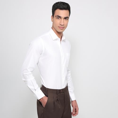Raymond men's white regular fit formal shirt with structure pattern, semicutaway collar, full sleeves, made of pure cotton.