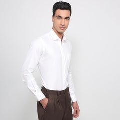 Raymond men's white regular fit formal shirt with structure pattern, semicutaway collar, full sleeves, made of pure cotton.