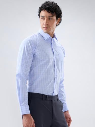Raymond Men Contemporary Fit Checks Pattern Cotton Tencel Blend Semicutaway Collar Full Sleeve Apple Cut Formal Shirt Medium Blue