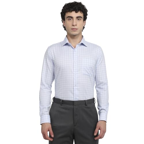 Raymond Men Regular Fit Checks Pattern Pure Cotton Semicutaway Collar Full Sleeve Tail Bottom Hem Formal Shirt Medium Blue