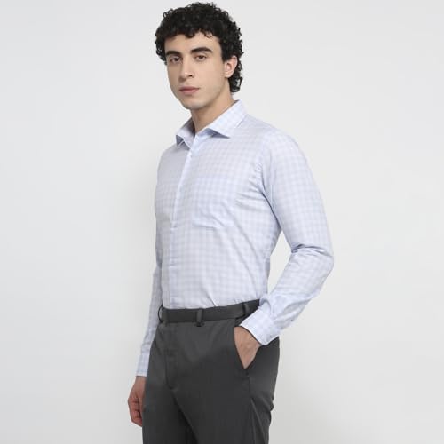 Raymond Men Regular Fit Checks Pattern Pure Cotton Semicutaway Collar Full Sleeve Tail Bottom Hem Formal Shirt Medium Blue