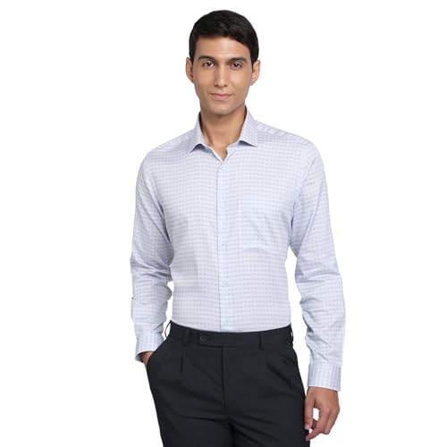 Raymond Men Regular Fit Print Pattern Cotton Blend Semicutaway Collar Full Sleeve Tail Bottom Hem Ceremonial Shirt Medium Blue