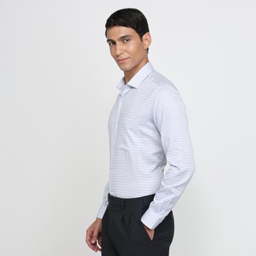 Raymond Men Regular Fit Print Pattern Cotton Blend Semicutaway Collar Full Sleeve Tail Bottom Hem Ceremonial Shirt Medium Blue