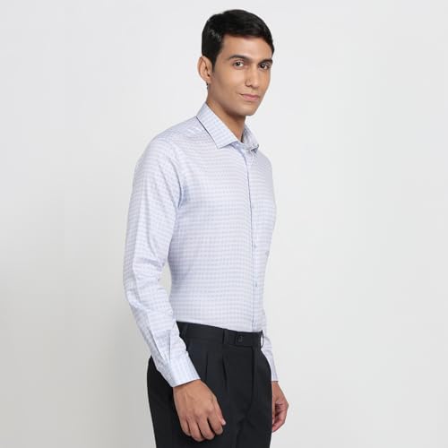 Raymond Men Regular Fit Print Pattern Cotton Blend Semicutaway Collar Full Sleeve Tail Bottom Hem Ceremonial Shirt Medium Blue