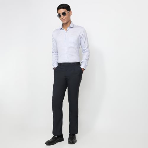 Raymond Men Regular Fit Print Pattern Cotton Blend Semicutaway Collar Full Sleeve Tail Bottom Hem Ceremonial Shirt Medium Blue