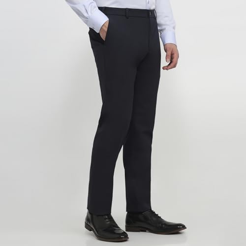 Raymond Men Slim Fit Solid Pattern Poly Viscose Blend Flat Front Formal Trouser Blue