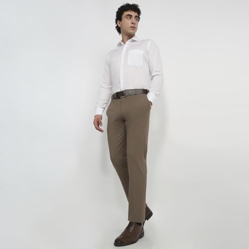 Raymond Men Slim Fit Solid Pattern Poly Viscose Blend Flat Front Formal Trouser Khaki