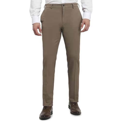 Raymond Men Slim Fit Solid Pattern Poly Viscose Blend Flat Front Formal Trouser Khaki