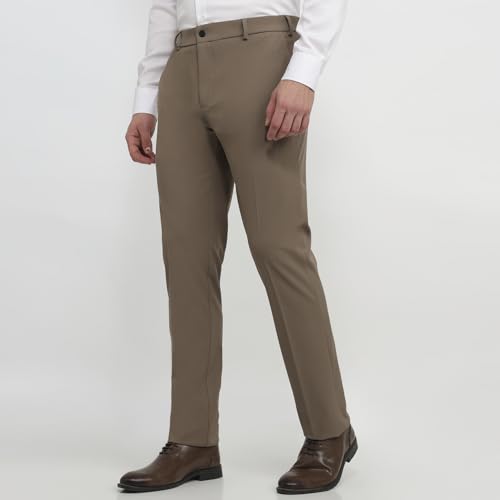 Raymond Men Slim Fit Solid Pattern Poly Viscose Blend Flat Front Formal Trouser Khaki