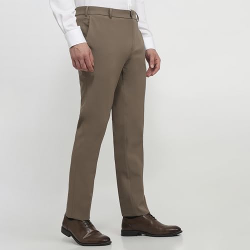 Raymond Men Slim Fit Solid Pattern Poly Viscose Blend Flat Front Formal Trouser Khaki
