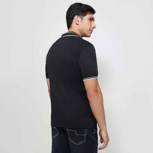 Park Avenue Men Slim Fit Solid Pattern Pure Cotton Polo Neck Half Sleeve Straight Hem Casual T-Shirt Black