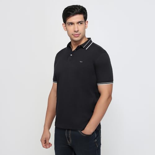 Park Avenue Men Slim Fit Solid Pattern Pure Cotton Polo Neck Half Sleeve Straight Hem Casual T-Shirt Black