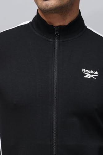 Reebok men's winter tracksuit featuring a zip-up jacket and matching pants, black with subtle branding details.