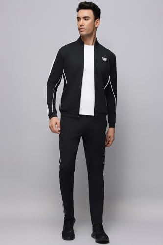Reebok men's winter tracksuit in black with white accents, featuring a zip-up jacket and matching track pants for athletic wear.