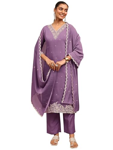 Libas Embroidered Chanderi Cotton Straight Kurta With Trouser and Dupatta-401454S