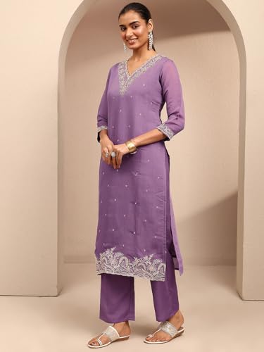 Libas Embroidered Chanderi Cotton Straight Kurta With Trouser and Dupatta-401454S