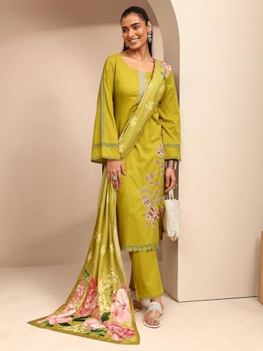 Libas Yoke Design Cotton Blend Straight Kurta With Trousers and Dupatta