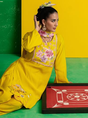 Libas Yoke Design Silk Blend Straight Kurta With Trousers and Dupatta-99875S
