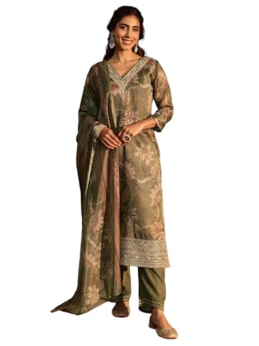 Libas Printed Silk Blend Straight Kurta With Trousers and Dupatta-99881XXL