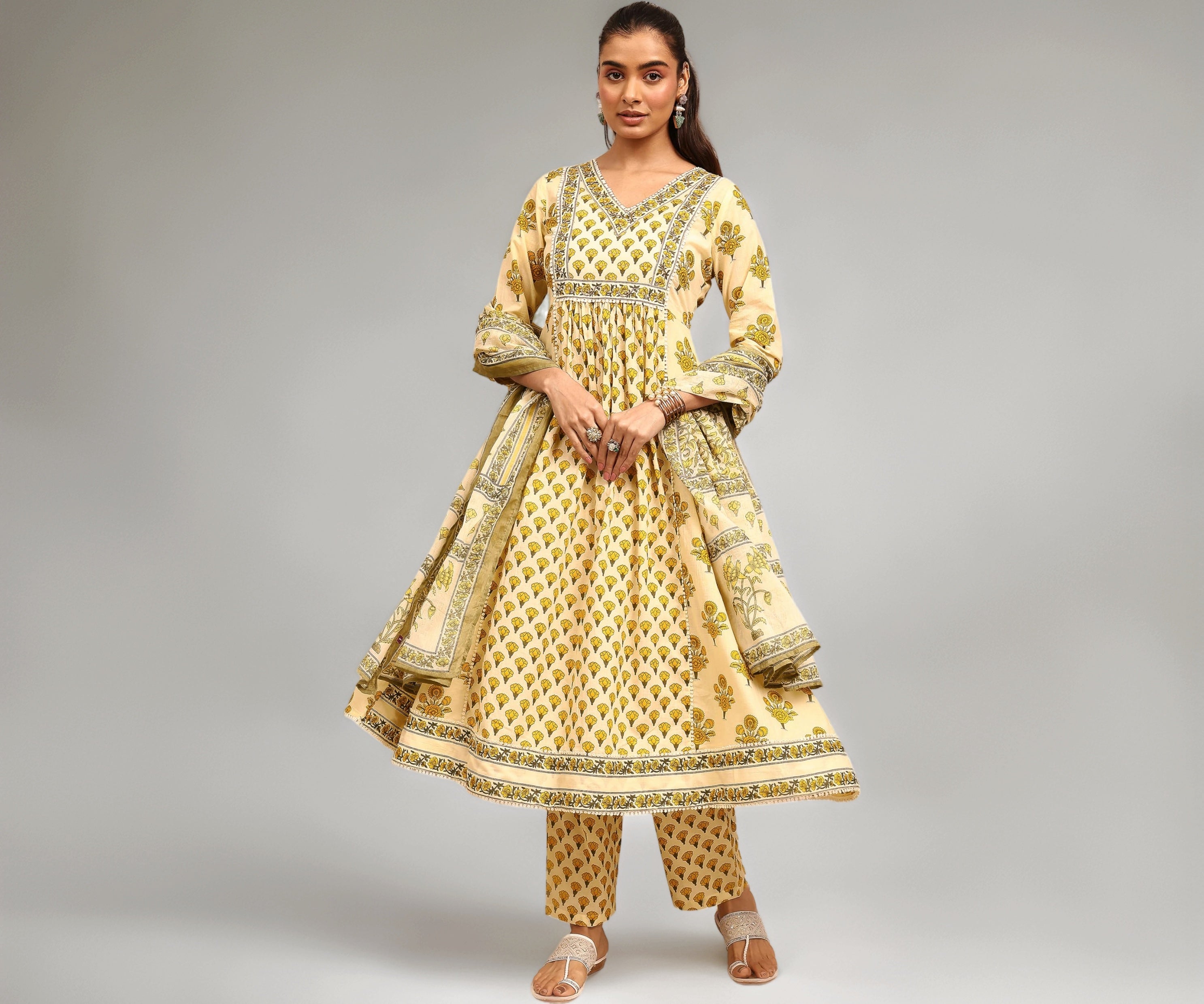 Libas Printed Cotton Blend Anarkali Kurta With Trousers and Dupatta-99941XXL