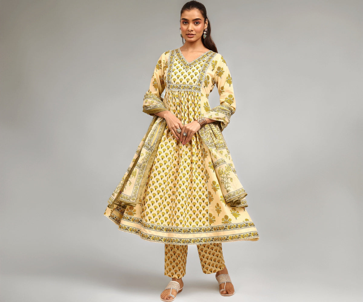 Libas Printed Cotton Blend Anarkali Kurta With Trousers and Dupatta-99941XXL