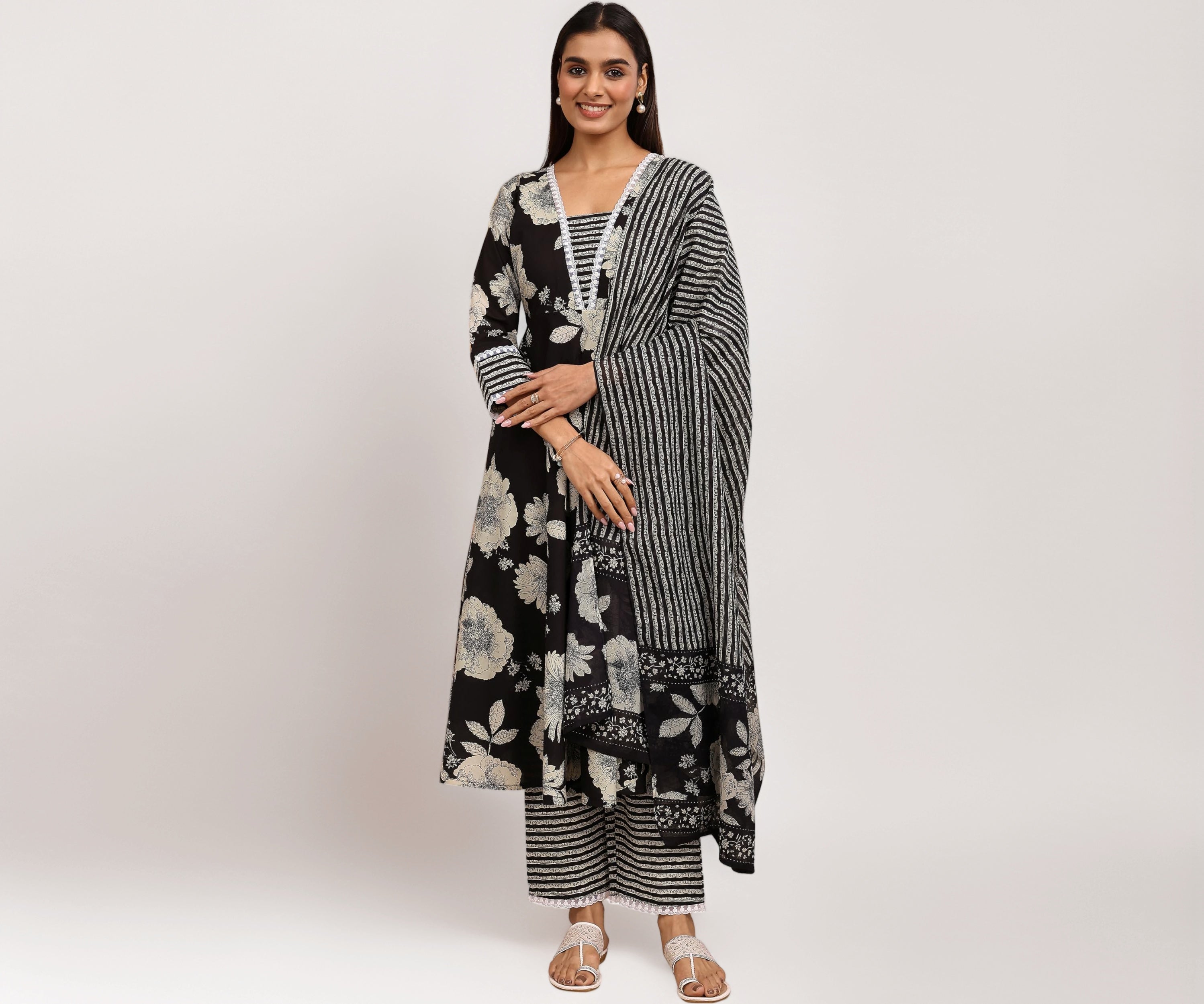Libas Printed Cotton A-Line Kurta With Trousers With Dupatta (401285XXL)