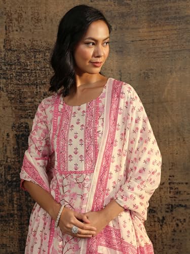 Libas Printed Cotton Anarkali Kurta With Trousers and Dupatta