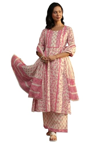 Libas Printed Cotton Anarkali Kurta With Trousers and Dupatta