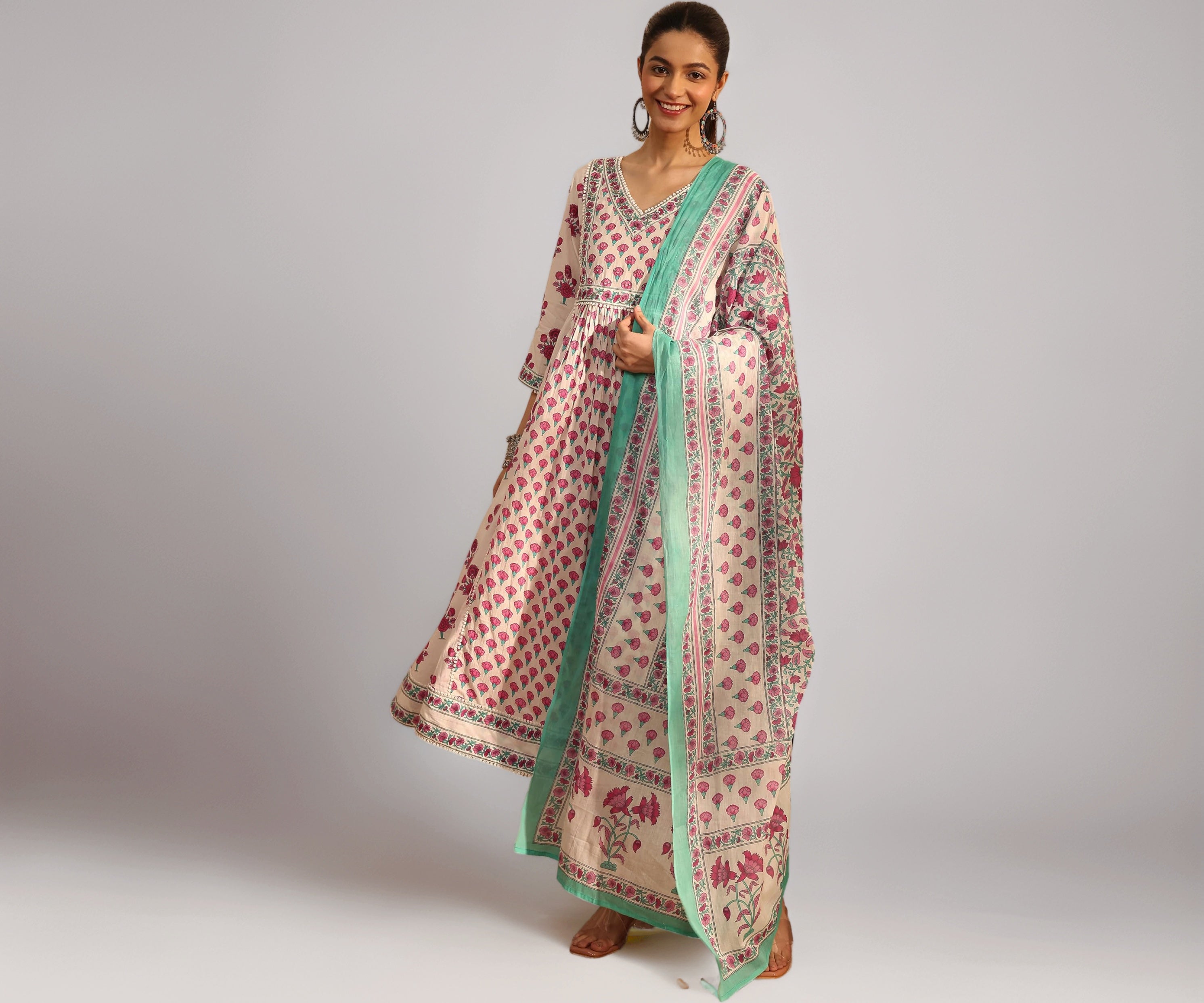 Libas Printed Cotton Anarkali Kurta With Trouser and Dupatta-99947XL