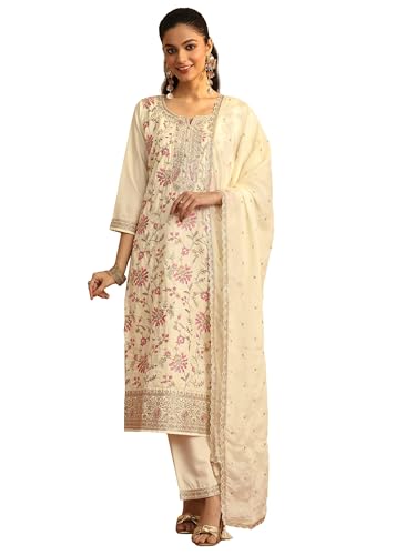 Libas embroidered silk blend straight kurta set for women, featuring intricate embroidery and a 3-piece traditional outfit.