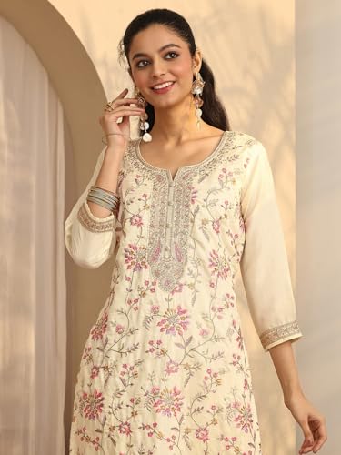 Libas embroidered silk blend straight kurta set for women, includes matching dupatta and churidar, traditional Indian ethnic wear.