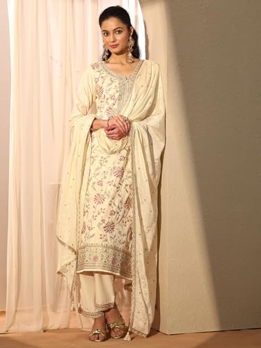 Libas women's embroidered silk blend straight kurta set with matching dupatta and pants, featuring intricate embroidery and vibrant colors.
