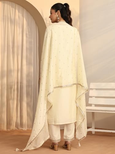 Libas embroidered silk blend straight kurta set for women, includes a kurti, dupatta, and palazzo in vibrant colors.