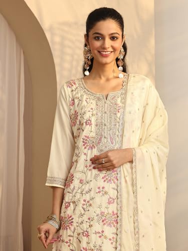 Libas embroidered silk blend straight kurta set for women, featuring intricate embroidery on a three-piece Western-style kurti ensemble.