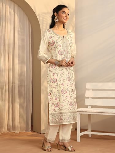 Libas embroidered silk blend straight kurta set for women, featuring intricate embroidery and a three-piece design in vibrant colors.