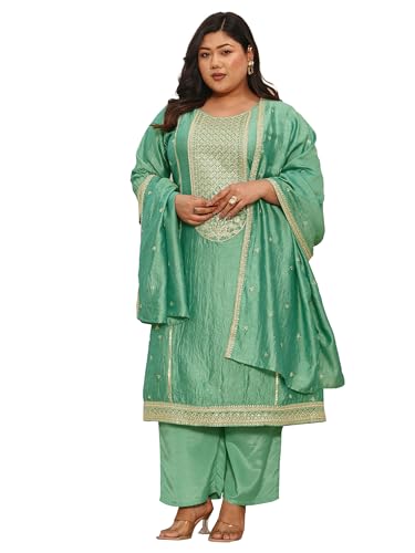 Extra Love By Libas Embroidered Silk Blend Straight Kurta With Trousers and Dupatta-500592-3XL