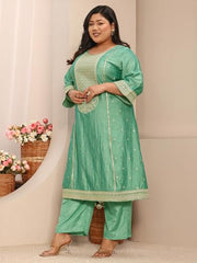 Extra Love By Libas Embroidered Silk Blend Straight Kurta With Trousers and Dupatta-500592-3XL