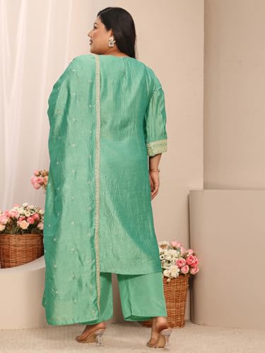 Extra Love By Libas Embroidered Silk Blend Straight Kurta With Trousers and Dupatta-500592-3XL